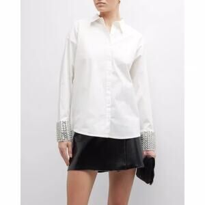 Retrofete Katie Shirt White Silver Jeweled Button Up Stretch Glam Size Medium